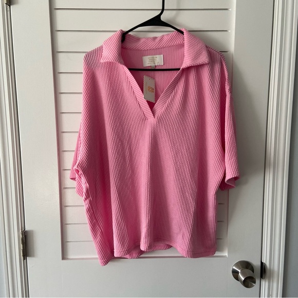 Simply Southern Tops - Simply Southern Urban Ribbed V-Neck Collared Pink Blouse Size XL NWT